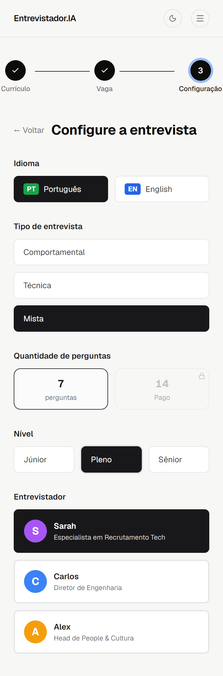 Tela de configuração da entrevista no celular, com idioma, tipo e entrevistador selecionados